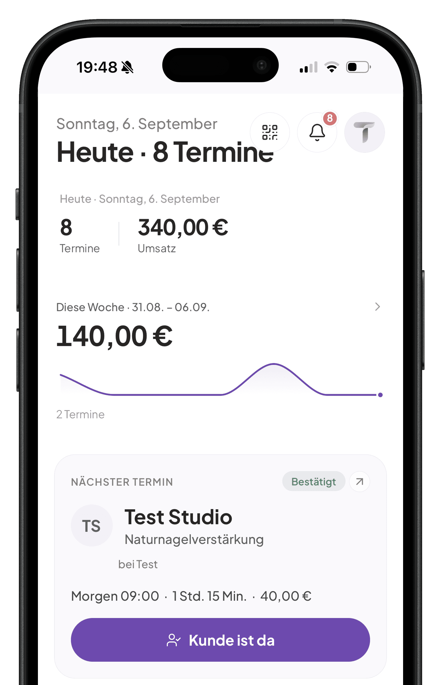 Startbildschirm der Treatly Studio-App mit Tagesumsatz und nächstem Termin (Beispieldaten)
