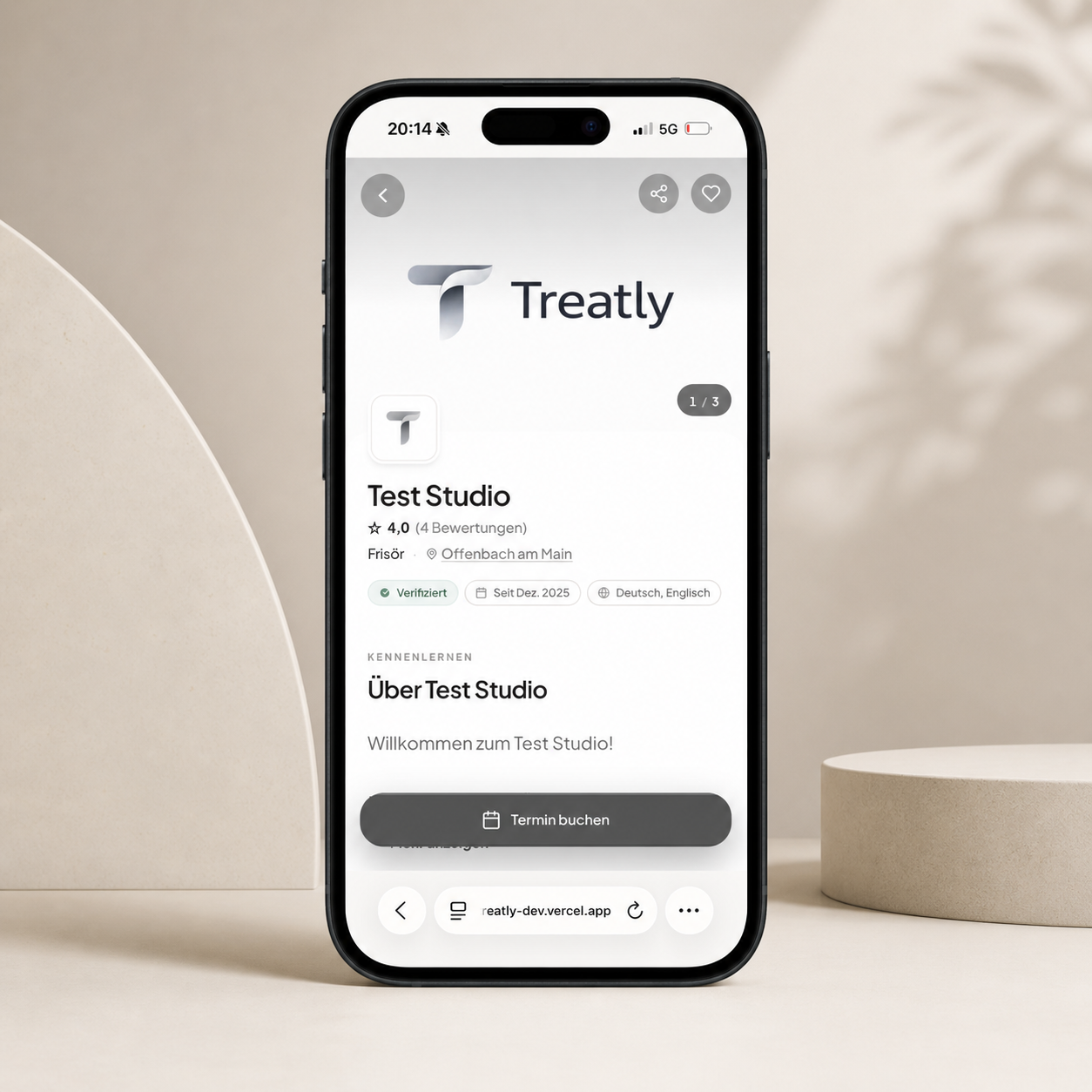 Treatly Studio-Profil im iPhone — digitales Schaufenster